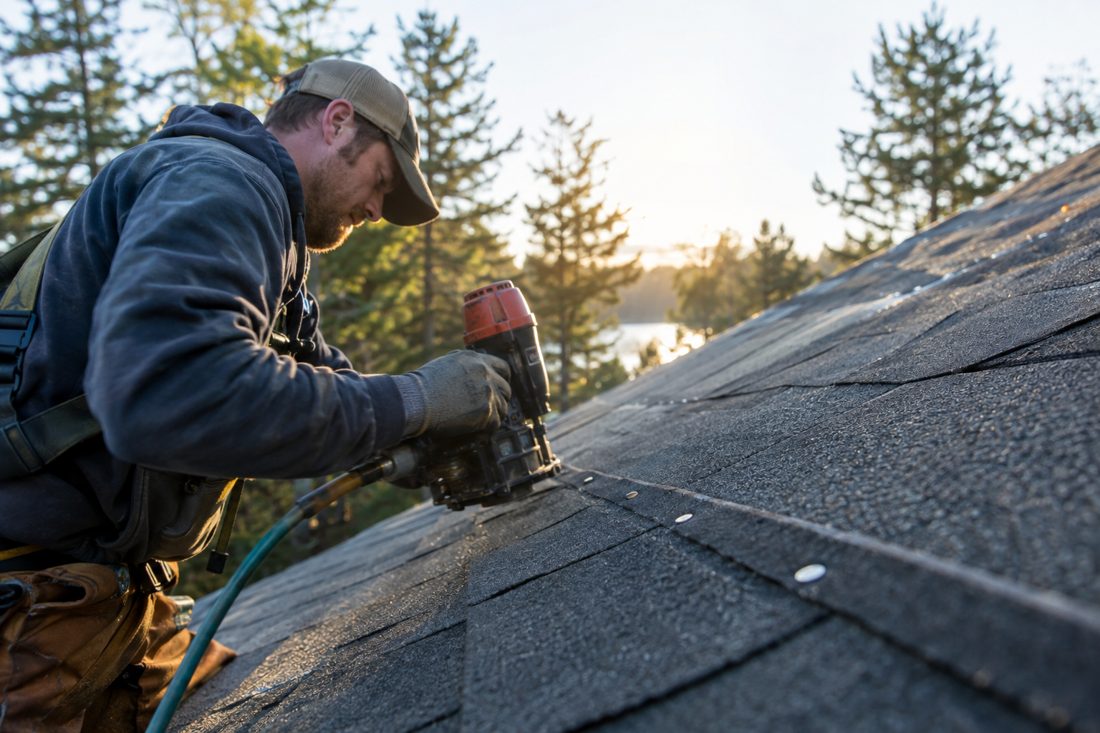 A close-up of architectural shingle texture and nail line at a central Minnesota home with a steep roof and tall pines in Little Falls, MN