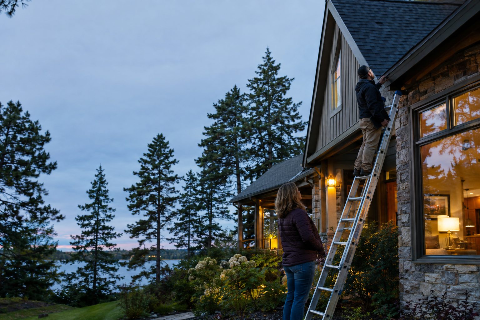 An estimator on a ladder inspecting the roof edge while a homeowner watches at a central Minnesota home with a steep roof and tall pines in Little Falls, MN