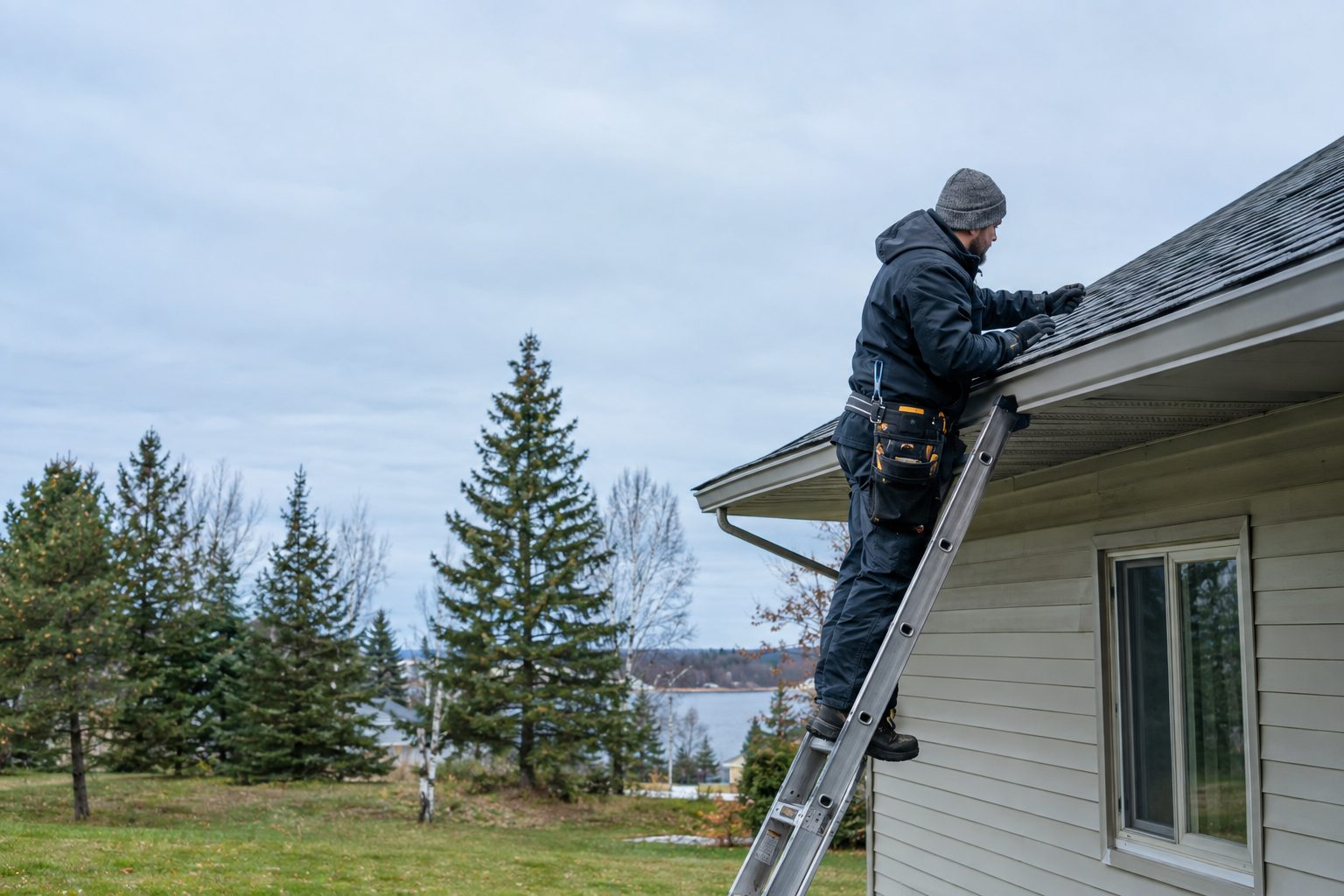 A roofing contractor checks shingle edges from a ladder beside a modest Motley home beneath a clear, cold Minnesota sky in Motley, MN