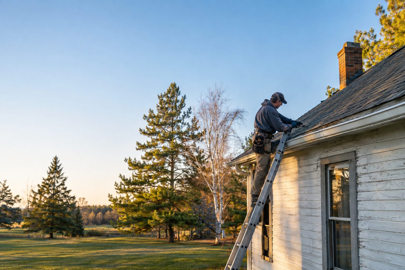 A roofing contractor checks shingle edges from a ladder beside an older Pierz farmhouse on a clear, snow-free day in Pierz, MN