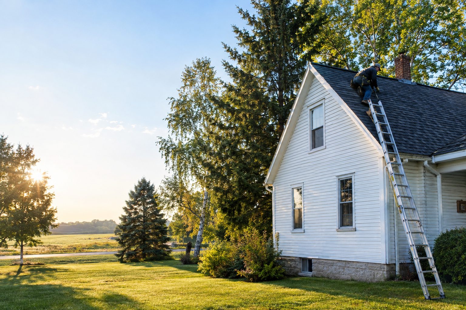 A roofing worker checks shingles and flashing outside an older Randall farmhouse, with a ladder set securely beside the gable roof in Randall, MN