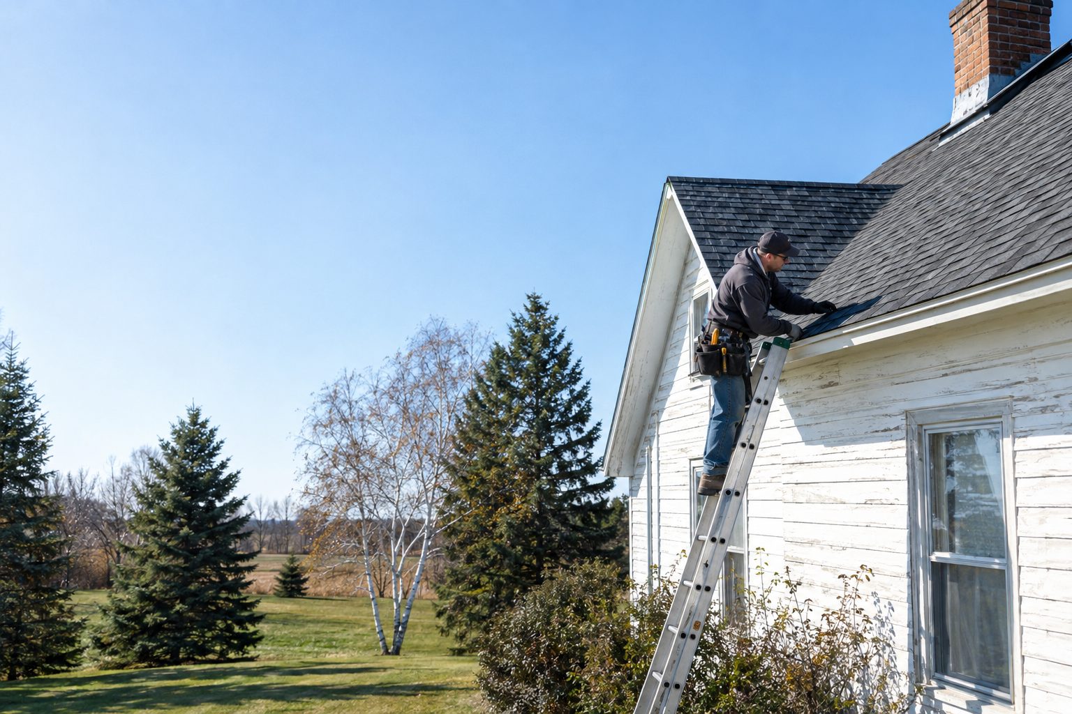 A roofing contractor inspects shingle edges from a ladder beside an older Minnesota farmhouse on a clear day in Rice, MN